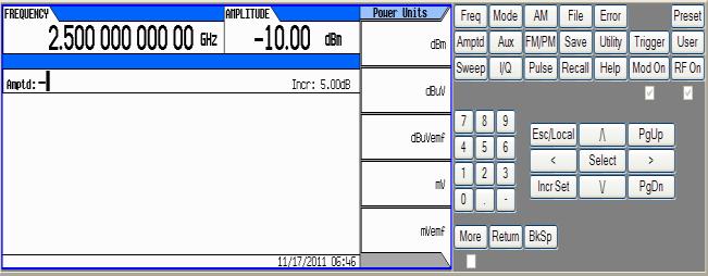 By clicking signal generator web control from the menu, the virtual front panel of the MXG generator will appear. If asked for a password, by default it is set to Agilent.