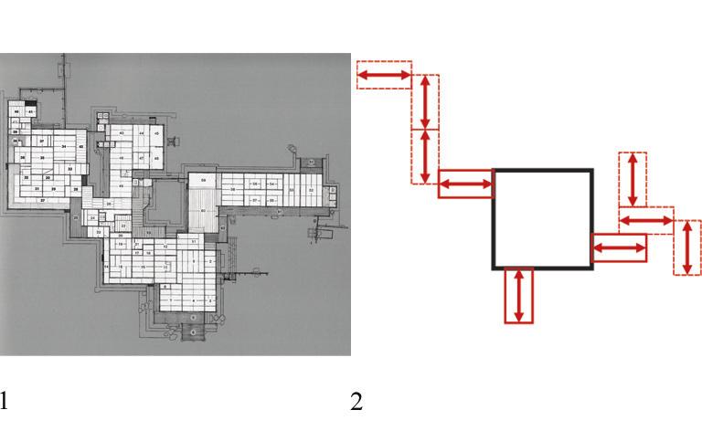 Figure 2 (left) (1) Plan of Dar Lajimi courtyard house in Tunisia (2) The schematic diagram of Outward loop: a presents a default central core Figure 3 (right) (1) Plan of a courtyard house in