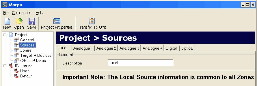 Multi Room Audio System 4) Select the Sources branch of the Project tree. The Local source tab is selected (Figure 42). The Description of the Local source can be changed here. Its default is Local.