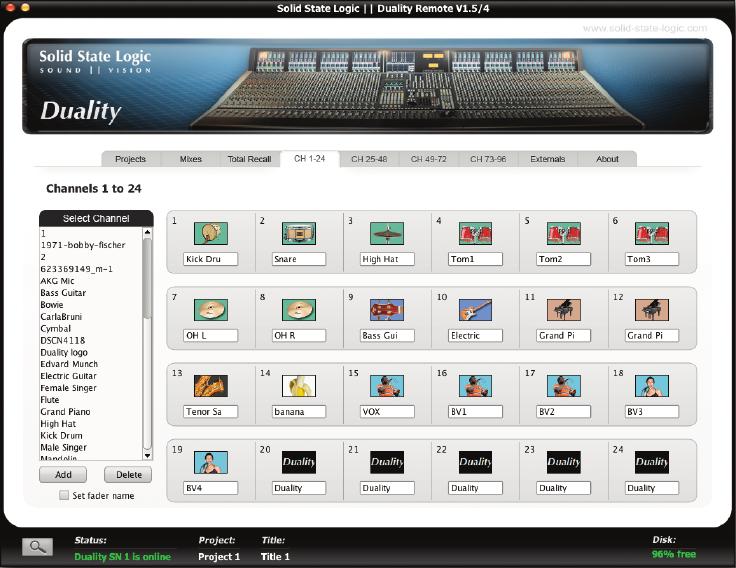 Duality Remote Channel Tabs The Chans 1 to 24, Chans 25 to 48, Chans 49 to 72 and Chans 73 to 96 tabs allow the user to assign small images (eyecons) and names to console channels.