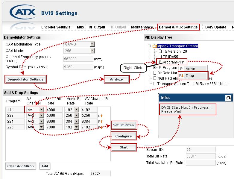 CHAPTER 10: DEMOD & MUX SETTINGS TAB 10.2.3 Quick Guide to Drop and Add a Program Refer to Figure 10-3 for clarification of this procedure. 1. Left click the program to be dropped in the PID Display Tree in order to highlight it 2.