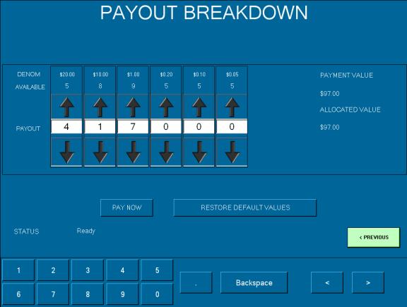 This screen provides the ability for users to allocate a denominational break down for each payout dispensed from the Floor CRT. Touching the up or down arrow will adjust the breakdown.