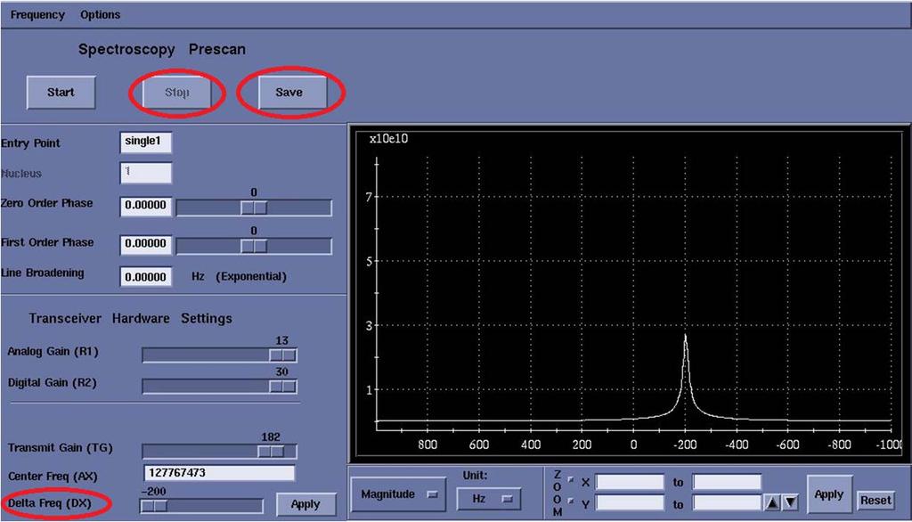 Start Move the Delta Frequency slider to -200 and hit Apply. Adjust the Delta Frequency Slider until the water peak is centered at 0. Select Stop, Save to record the full spectra.