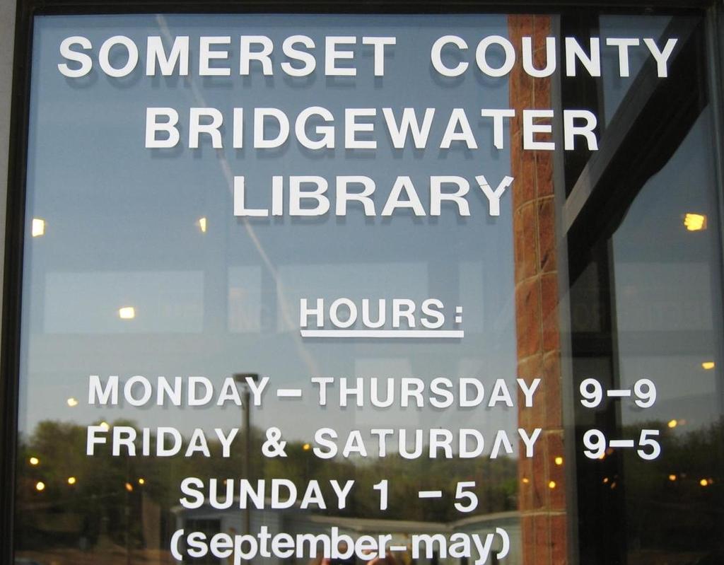 These are the times I can use the library. There are specific days and times I can use the library. The Bridgewater Library is open Monday through Thursday from 9 a.m. to 9 p.m., Friday and Saturday from 9 a.