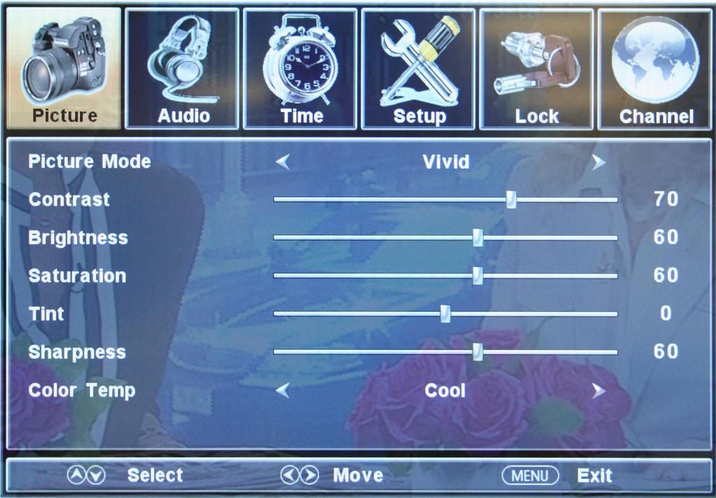 PICTURE This option chooses various picture setting functions for changing picture quality. 1. Press MENU to open the OSD. 2. Press or to move to PICTURE and press. 3.