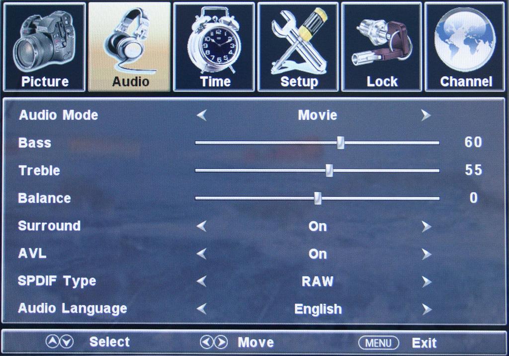 AUDIO This option allows users to adjust the TV s sound functions. 1. Press MENU to open the OSD 2. Press or to move to AUDIO and press. 3.