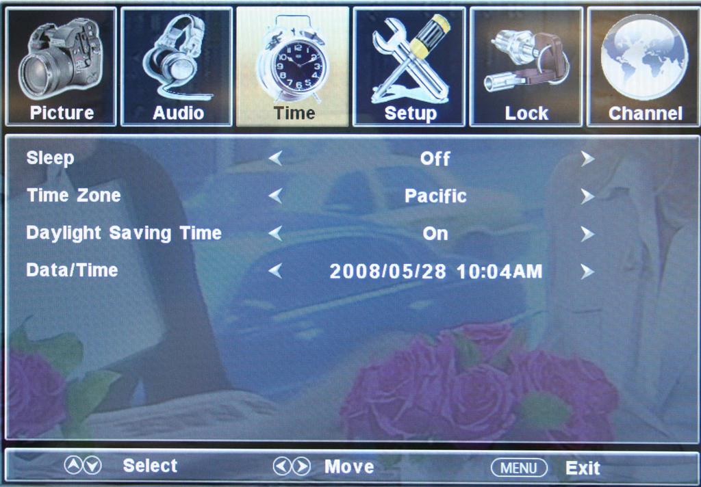 TIME This option allows user to adjust the TV s time functions. 1. Press MENU to open the OSD. 2. Press or to move to TIME and press. 3.