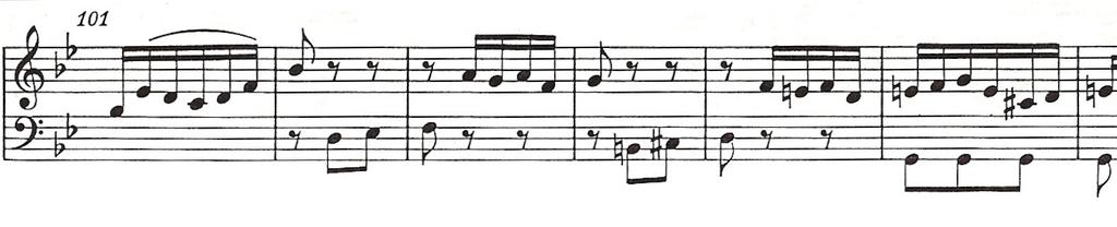 Figure 6.5: Lute Suite, BWV 995, mm. 101-107. A clear understanding of the subject is further hindered by the fact that it changes throughout the course of the fugue.
