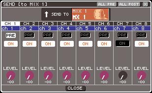 Sending the signal from an input channel to a MIX bus Using a popup window In this method, you use the MIX SEND popup window to adjust the send levels from eight channels to a MIX bus.