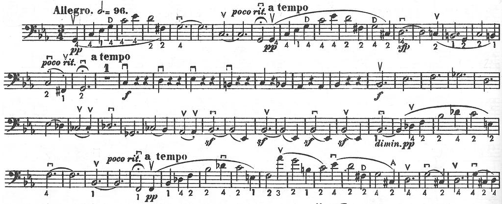 Figure 2: Beethoven Symphony No. 5, Third Movement, Scherzo. Bowings and fingerings y Oscar Zimmerman.4 Figure : Sturm Study No. 78. Based on Beethoven Symphony No. 5, Third Movement, Scherzo.5 4 Beethoven, Ludwig van, Symphony No.