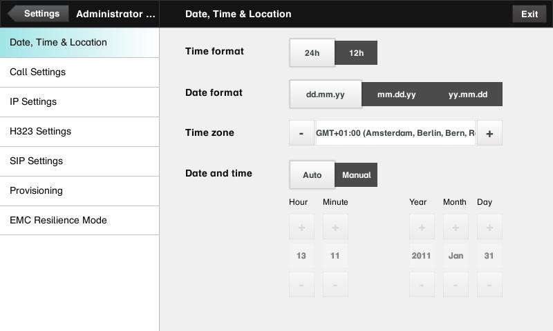 settings The Administrator Settings Date, Time & Location The Date, Time & Location settings let you specify: 24h or 12h time format. Your preferred date format.
