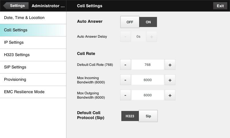 settings The Administrator Settings Call Settings The Call Settings pane lets you specify: Auto Answer On or Off. If you set this to On, the system will respond automatically to incoming calls.
