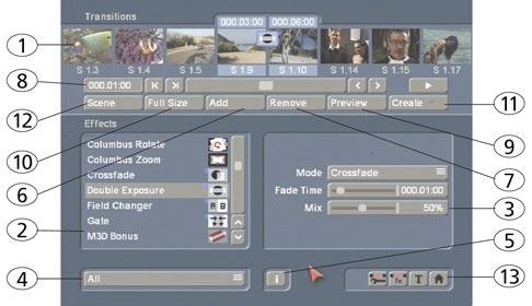 55 then "batch-render" in the Finish menu (see 5.6, item (3): "Create"). (1) The "Transitions" screen shown above displays the storyboard you are already familiar with.