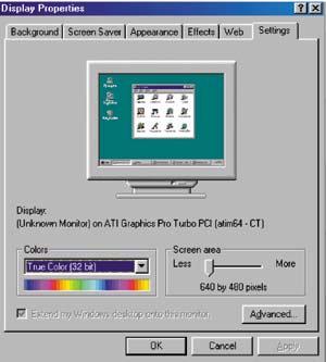 Select the Settings tab in the display dialogbox. The two key variables that apply to the PDP-PC interface are resolution and colors.