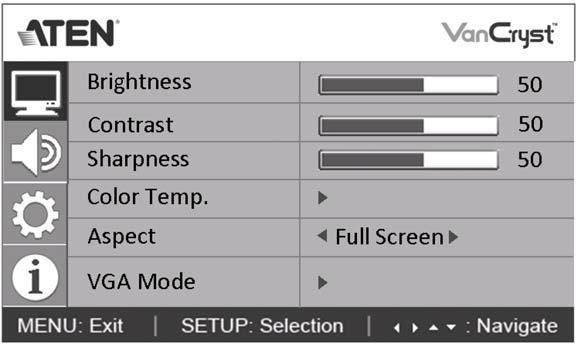 (VGA video input device) 1. When using a non-vga video input device, select a preset Picture mode (Standard, Vivid, Cinema, Sports, Game), or choose Custom to manually configure the video display.