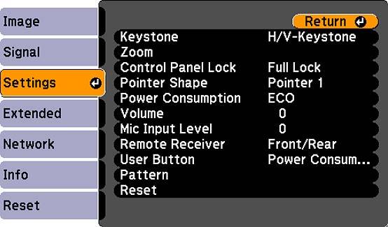 Setting Options Description Keystone H/V Keystone Adjusts image shape to Quick Corner rectangular (horizontally and vertically) H/V Keystone: lets you manually correct horizontal and vertical sides,