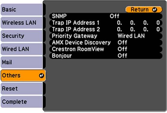 3. Select Network Configuration and press Enter. 4. Select the Others menu and press Enter. 5. Set the Crestron RoomView setting to On to allow the projector to be detected. 6.
