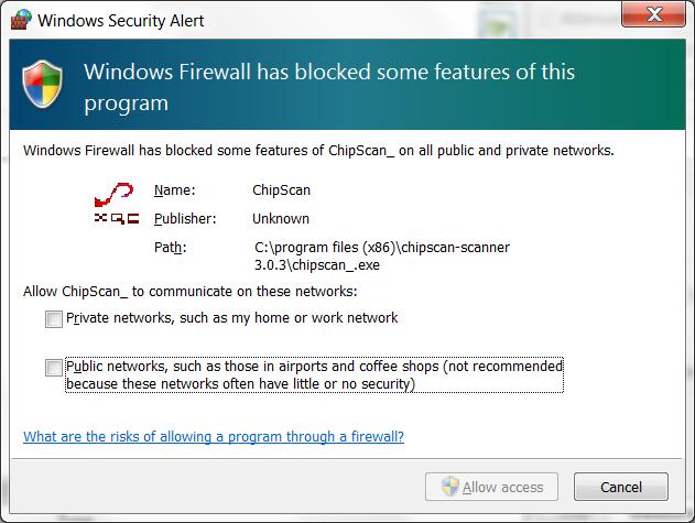 1 System requirements and installation 5 1.3. Start At ChipScan-Scanner first start a Windows Security Alert dialog may appear (see fig. 1.1).