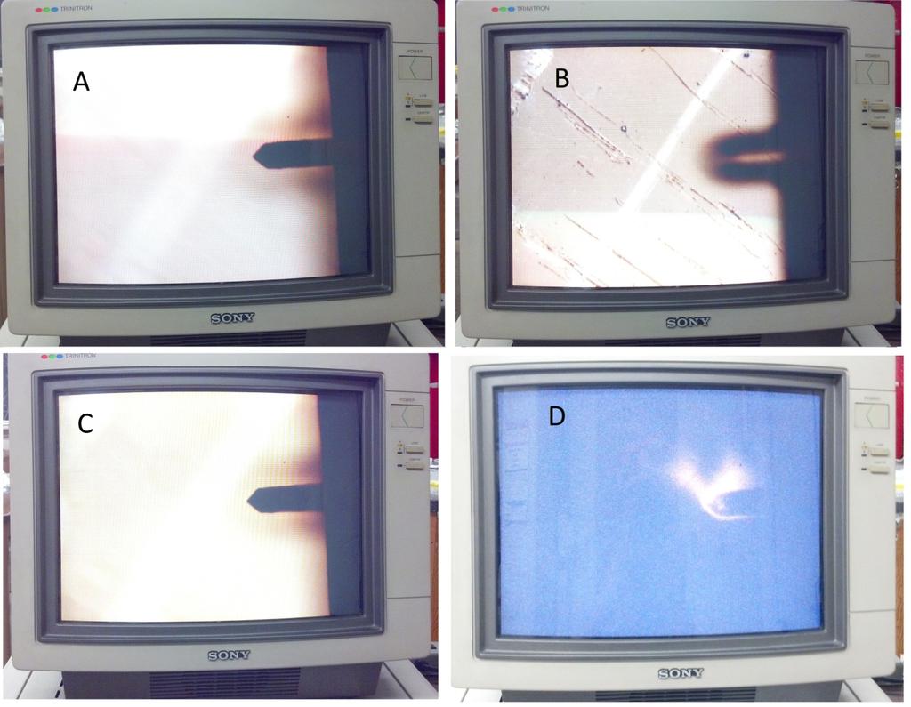 Figure 13 Image planes available to the video optical microscope. A) cantilever, B) sample surface, C) cantilever shadow, D) cantilever shadow with illumination turned off. 2.