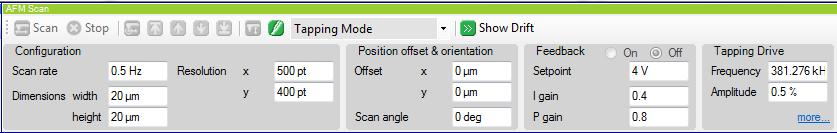 In the AFM Meter, set one of the inputs to Amplitude. Adjust the Drive Strength in the AFM Scan panel until the Amplitude is near 9 V.