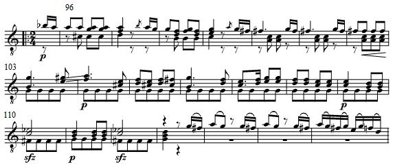90 The second episode is in A minor key, the relative minor of the tonic, a treatment favored by Haydn. 196 Unlike the first episode, it is organized in a small binary form (Ex. 5.30).