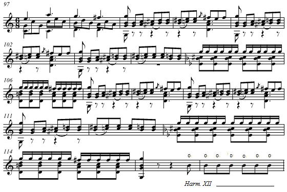 109 Example 5.45. Fernando Sor, Sonata in C, Op. 25, mvt. 2, mm. 97-116. Sor concludes the exposition in a very unexpected manner. 212 The closing passage begins in measure 116 (Ex. 5.46).