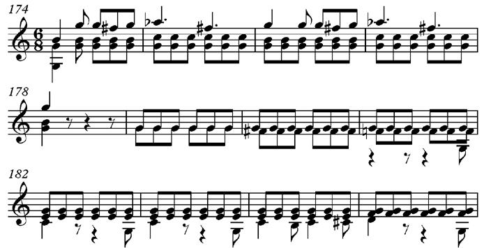 113 Example 5.51. Fernando Sor, Sonata in C, Op. 25, mvt. 2, mm. 174-185. Again, due to fact that the development is followed by the second subject, the term "recapitulation" is inappropriate here.
