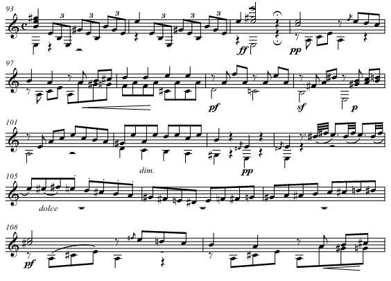130 Example 5.64. Mauro Giuliani, Sonata in C, Op. 15, mvt. 1, mm. 93-109.
