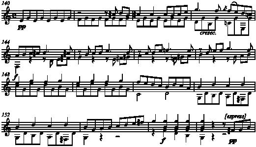132 Example 5.66. Mauro Giuliani, Sonata in C, Op. 15, mvt. 1, mm. 140-155. Since there is no I: P.A.C. in the restatement of the first subject, the task of firmly reestablishing the tonic key is left to the second subject alone.