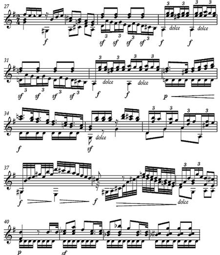 138 secondary theme eventually reaches a satisfactory V: P.A.C. in measure 40, which is certainly a dramatic moment. Example 5.71. Mauro Giuliani, Sonata in C, Op. 15, mvt. 2, mm. 27-43.