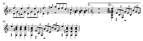 155 Likewise, Giuliani's use of harmony in this section in the first movement of Op. 15 is not complex.