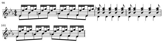 168 The next area of the development features an alternation between two contrasting gestures: the brilliant arpeggio and the syncopated rhythmic figure ( ), which was extensively used in the