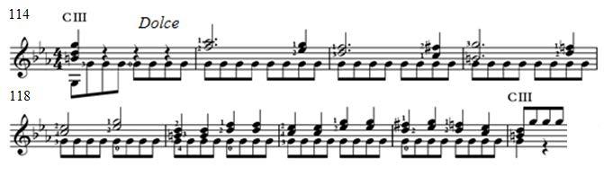 169 Example 6.5. Fernando Sor, Sonata in C, Op. 22, mvt. 1, mm. 114-122. In the recapitulation, the restatement of the first subject should capture the same spirit as the opening of the movement.