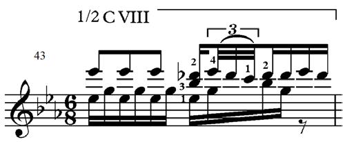 In measure 45, the long cadential trill marks a crucial structural point. The previous cadences in the second-subject area overlap with the beginnings of the first and second subordinate themes.