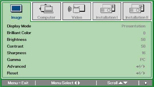 Step 1: Press the MENU button to open the OSD menu. Step 2: Press the cursor button to move to the Installation II menu.
