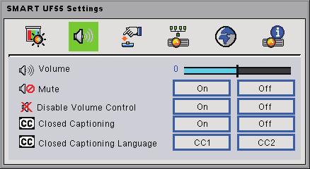 User Controls Audio Control Volume Press Press Mute on the remote control to decrease the volume. on the remote control to increase the volume. Select On to mute the sound.