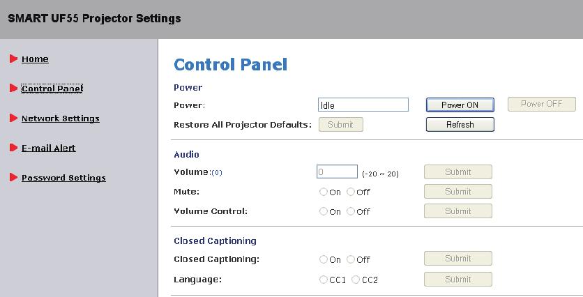 User Controls Control Panel Closed Captioning Select On to turn on closed captions. Select Off to turn off closed captions. Language Choose the closed captioning language.