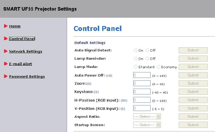 User Controls Control Panel Keystone Adjust the image distortion vertically and make a squarer image. H-Position (RGB input) Adjust the image to move left or right.