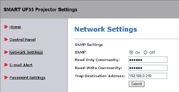 User Controls Network Settings SNMP Enable Select On to enable SNMP MIB function. Select Off to disable SNMP MIB function. Read Only Community The Read Only Community string is like a password.