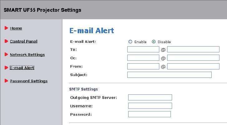 User Controls E-mail Alert The E-mail Alert allows you to enter your e-mail alert address and adjust related settings. E-mail Alert Select Enable to turn on the E-mail Alert function.