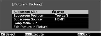 Useful Funtions Changing the Piture in Piture settings Use the Piture in Piture menu to hange the size or position of the sub sreen. a Press the button.