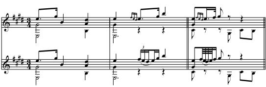 Figure 26 Turns from Carulli's Method: accented and unaccented The placement of the turn symbol can indicate whether the turn is to be placed on the beat or between beats (Glise 29).