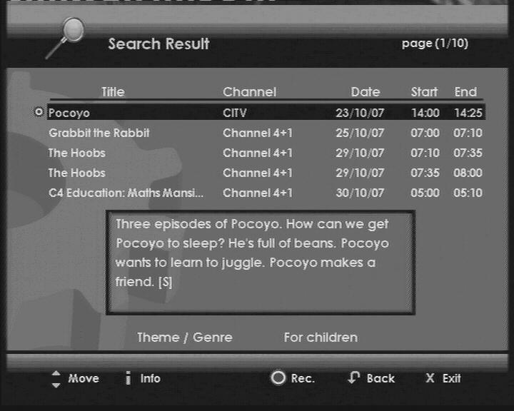 Choose the search type (by Theme/Genre or Title) using the or keys then press. Select the category of the programme for the Theme/Genre search then press.
