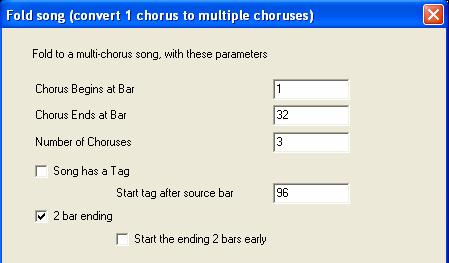You can nudge chords and/or Melody/Soloist parts. A Fold routine converts a song with a single large chorus to multiple smaller choruses, with optional tag ending.