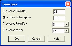 To transpose part of a song, simply highlight the area you wish to transpose and select Transpose From.. To.. in the submenu.