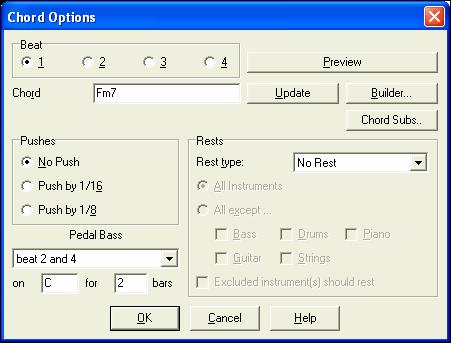 You can launch the Preview, Chord Builder, or Chord Substitution functions from this window. You can enter pedal bass with any chord.