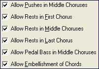 The coded names for the instruments are: - B for Bass - D for Drums - P for Piano - G for Guitar - S for Strings To type a rest for all instruments on a C chord type C.
