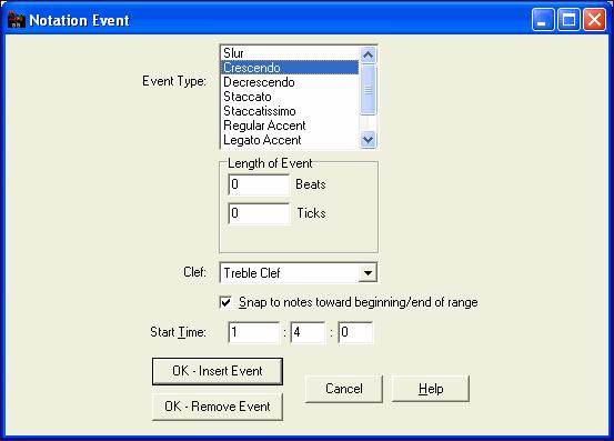The Event Type list box lets you choose the event type (slur, decrescendo, etc.). The Length of Event field determines the length of a slur, crescendo, or decrescendo.