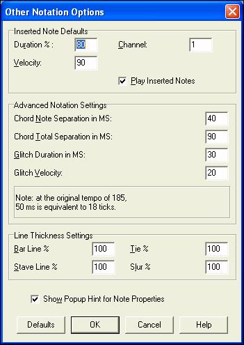 More button The [More..] button opens the Other Notation Options dialog. Inserted Note Defaults These settings determine the default values for notes that you enter manually.