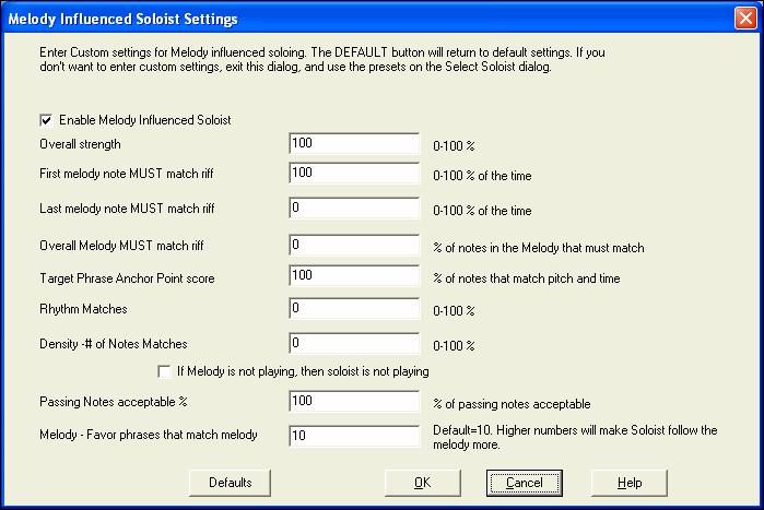Melody Influenced Soloist Settings A Custom method is available, allowing you to launch a dialog that let s you change various parameters to control how the solo will match the notes, rhythm, and